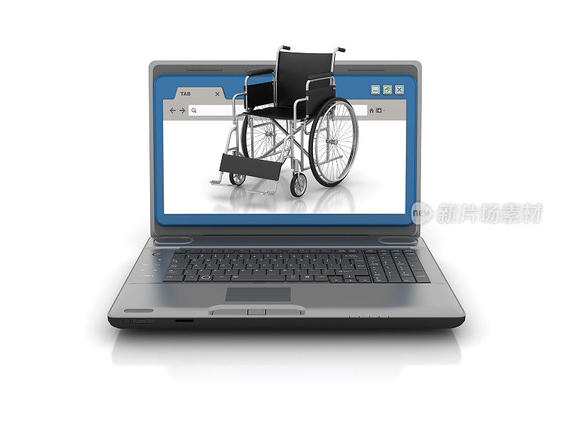 电脑笔记本电脑与Web浏览器和轮椅- 3D渲染